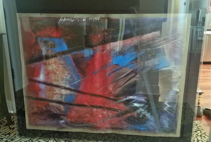 lot 6 image: Umberto Ippoliti Battle Between Hector and Achilles Abstract on Paper in Lucite Box Frame