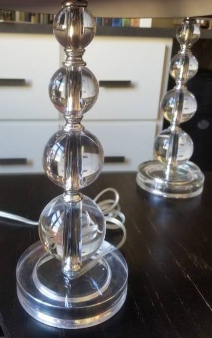 lot 41 image: Lucite Ball Stem Table Lamps with Burgundy Shades