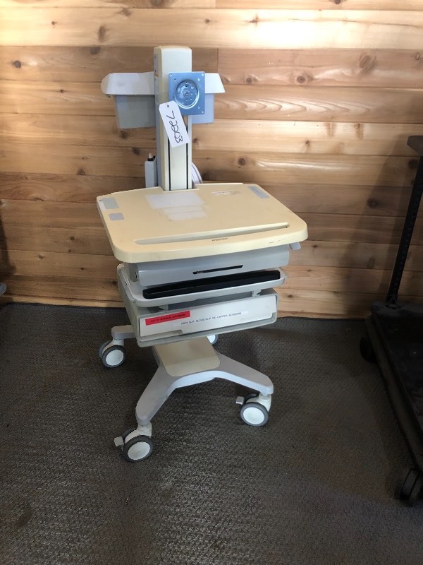 lot 1 image: Retails NEW $1800 Medical Mobile Computer Workstation Ergotron Adjustable Sit Or Stand Computer Laptop Cart - This One Has A Drawer & Extra Long Power Cord.