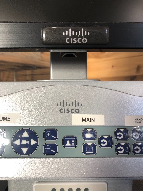 lot 2 image: MSRP $12,000 Cisco Media Cart With Built-in Speakers, Cisco Monitor & Remote  WOW Indeed - Excellent Condition