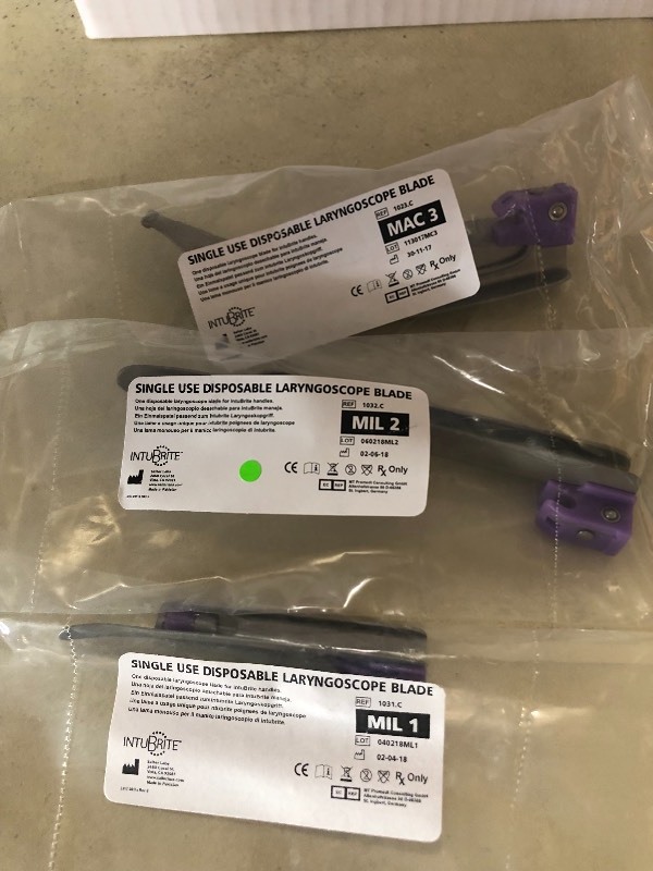 lot 38 image: Lot Of 3 NEW Open Boxes Intubrite Single Use Disposable Laryngoscope Blades MIL 1, MIL 2, MAC 3 