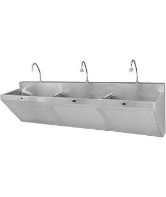 lot 62 image: MSRP $12,000&nbspSloan ESS-2300-C Optima Scrub Sink, Triple Station, Sensor Activated Faucet, Stainless Steel, with Laminar Flow Spray Head - Was Recently Removed From A Working Environment