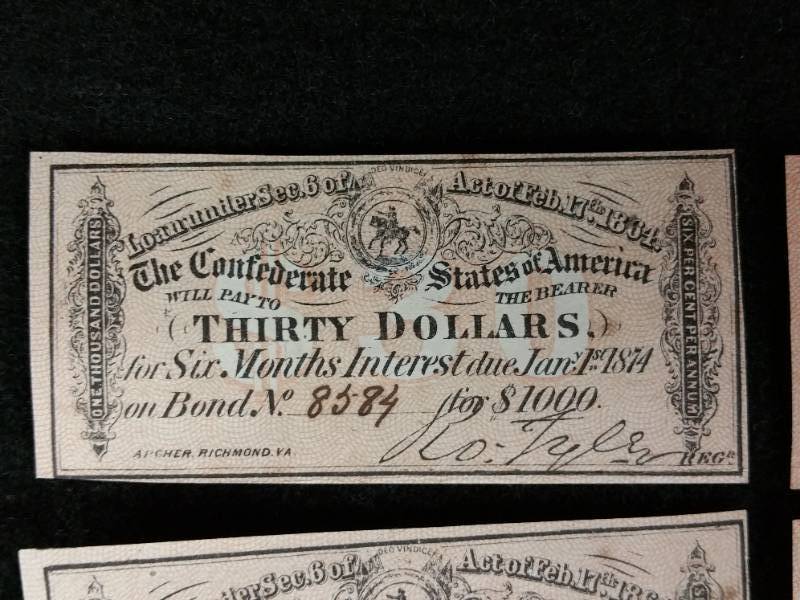 (9) 1864 Civil War $30 Confederate Interest Receipts