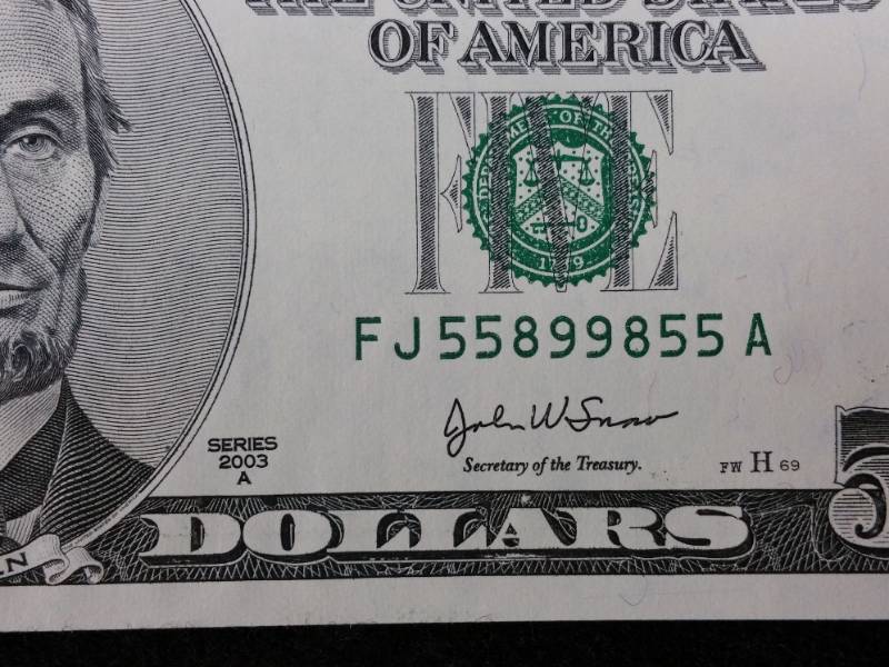 $5 Radar Fancy Serial Number 2003 Note
