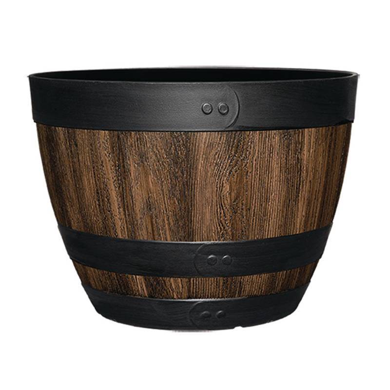 lot 119 image: Pair of Napa 16 in. Kentucky Walnut Resin Wine Barrel Planters 16 wide by 11.5 High