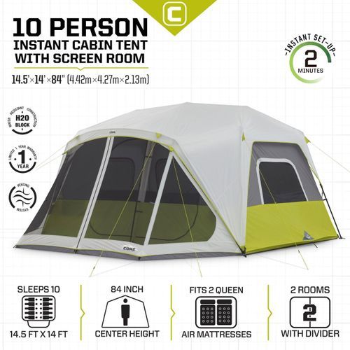 lot 104 image: CORE 10-person Instant Cabin Tent with Screen Room