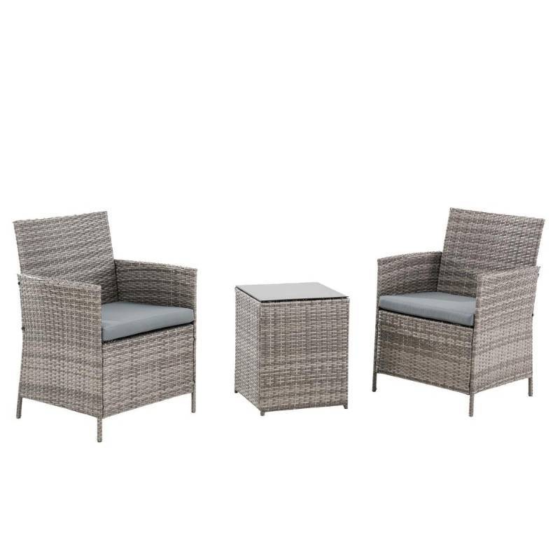 lot 71 image: 3-Piece Rattan Wicker Outdoor Bistro Set with Gray Cushions