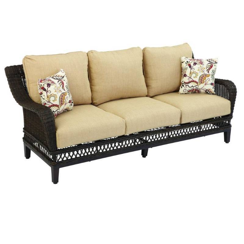 Hampton Bay Woodbury Wicker Outdoor Patio Sofa With Textured Sand Cushion Huge Summers End Sale Seasonal Summer Items Patio Furniture And Outdoor Items K Bid