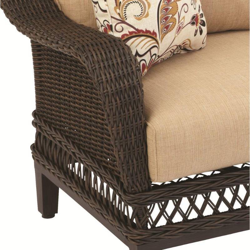 lot 73 image: Hampton Bay Woodbury Wicker Outdoor Patio Sofa with Textured Sand Cushion