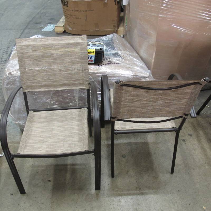lot 177 image: Pair of Hampton Bay Outdoor Chairs - Tan Fabric with Brown Metal Frame