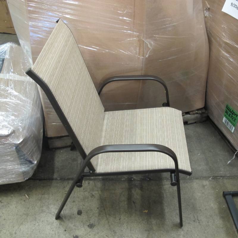 lot 178 image: Hampton Bay Full Back Outdoor Chair - Tan Fabric with Brown Metal Frame