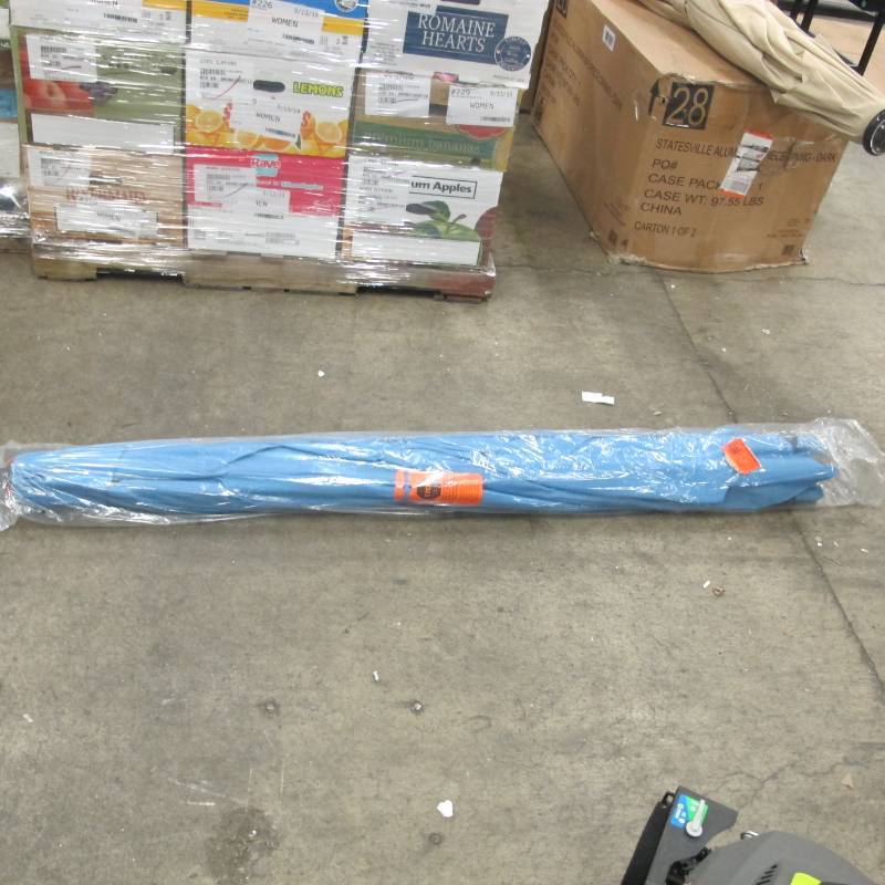 lot 74 image: Plantation Patterns 10 ft. x 6 ft. Aluminum Patio Umbrella in Periwinkle with Tilt
