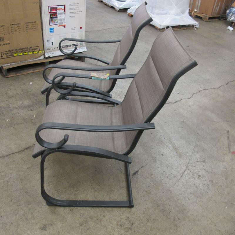 lot 112 image: Pair of Hampton Bay Crestridge Padded Sling Outdoor Lounge Chairs