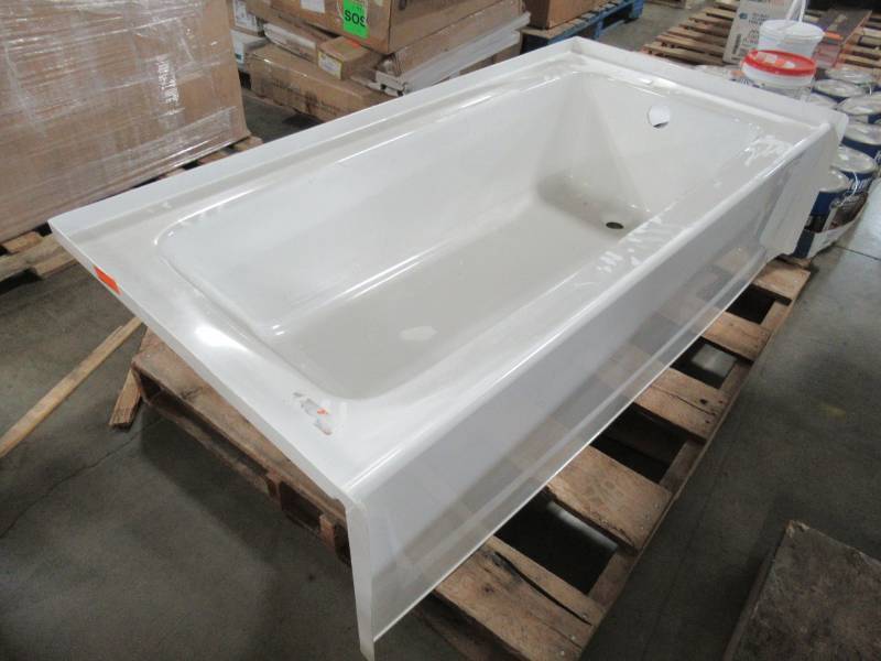 lot 4 image: American Standard RH Drain Acrylic Tub, White, 60 X 30 X 15 Tall. Crack on LH Front Corner of Apron and On Top.