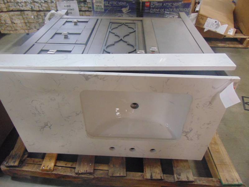 lot 213 image: allen  roth 36 in. Everdene Grey Single Sink Vanity with Carrera White Engineered Stone Top WSLW36LGV