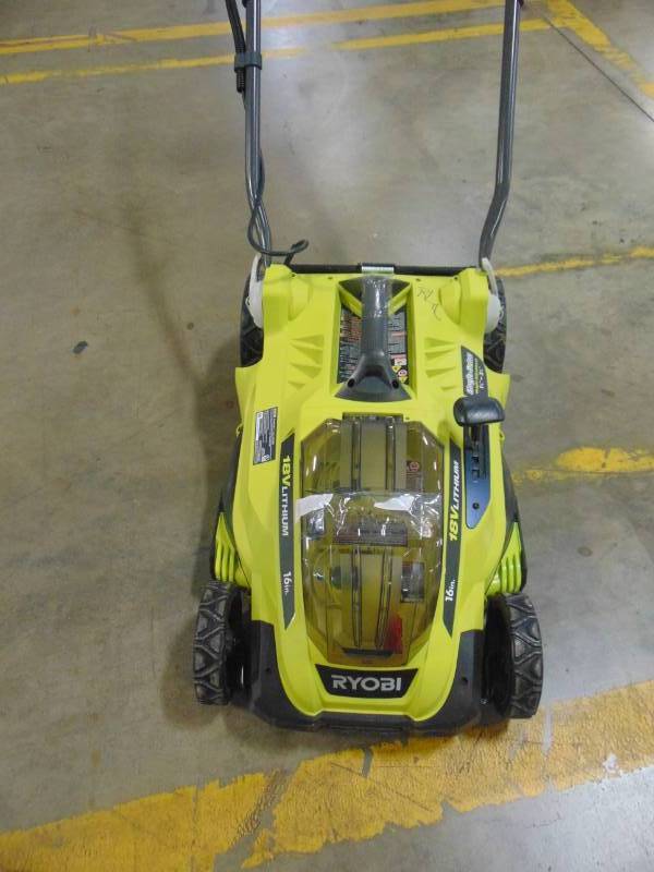 lot 46 image: Ryobi 16 in. ONE 18-Volt Lithium-Ion Cordless Battery Push Lawn Mower P1100A