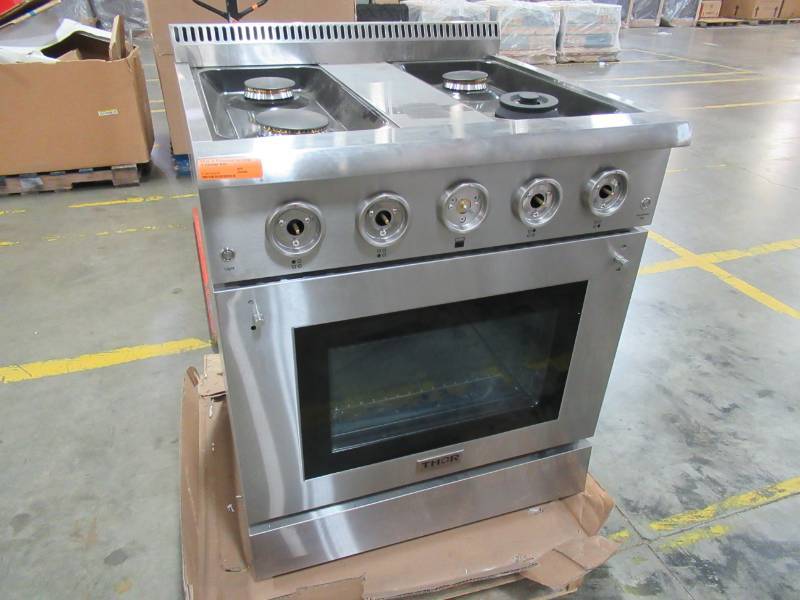 lot 199 image: Thor Kitchen 4.2 cu. ft. Professional Gas Range in Stainless Steel, HRG3080U - Missing GratesGriddle, Door Pull and Knobs