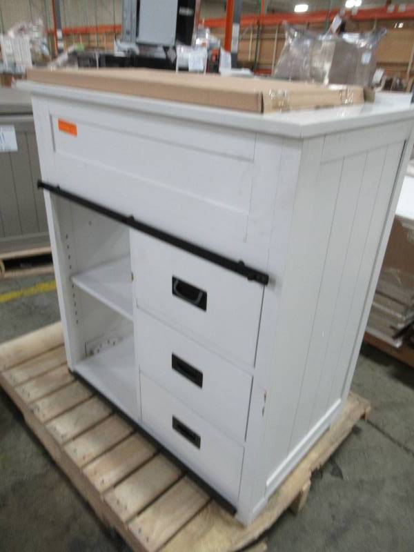 lot 212 image: Style Selections Morriston White Single Sink Vanity with White Engineered Stone Top (Common 30-in x 20-in) WSL30BVW - Small Chips on front See Photos.