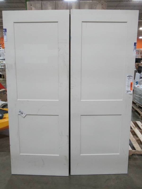 lot 219 image: (2) EightDoors 30 X 80 Shaker Primed 2-Panel Square Hollow Core Door Slabs - Dings and Scratches.