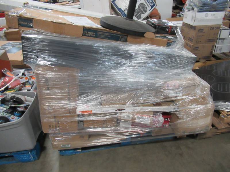 lot 221 image: MIXED WHOLESALE PALLET OF MISCELLANEOUS BUILDING MATERIALS FROM RETAIL STORE REMODEL - UMBRELLA STANDS AND MORE.