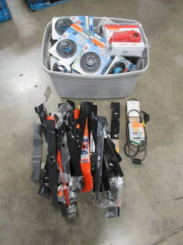 lot 222 image: MIXED WHOLESALE PALLET OF MISCELLANEOUS BUILDING MATERIALS FROM RETAIL STORE REMODEL - MISCELLANEOUS LAWN MOWER BLADES, WEED WHIP BUMP HEADS AND MORE