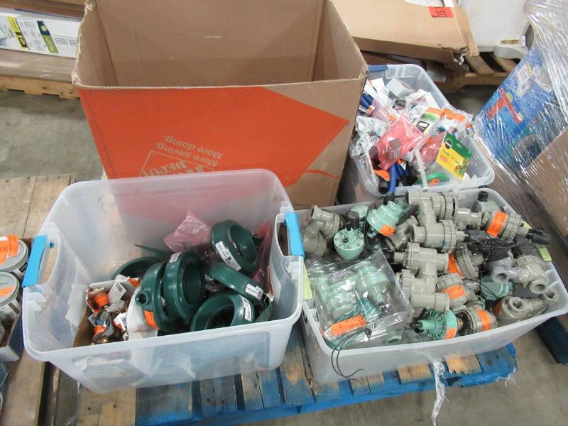 lot 223 image: MIXED WHOLESALE PALLET OF MISCELLANEOUS BUILDING MATERIALS FROM RETAIL STORE REMODEL - MISCELLANEOUS LAWN IRRIGATION, SPRINKLERSHEADS, FLOW VALVES AND MORE.