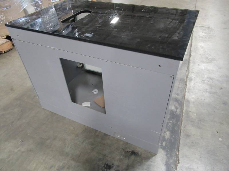 lot 229 image: Gray 3 Drawer, Double Door With Glass Inserts Vanity Cabinet and Glass Top 36 X 22 X 26 Tall. - Scratch and Dent.
