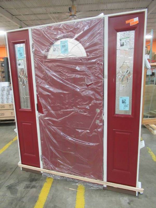 lot 243 image: Custom 4 Panel 81 34 X 61 14 X 4 916 Red Exterior Door With Half Moon Lite and Matching 12 Lite Side Lites. - Scratch and Dent.