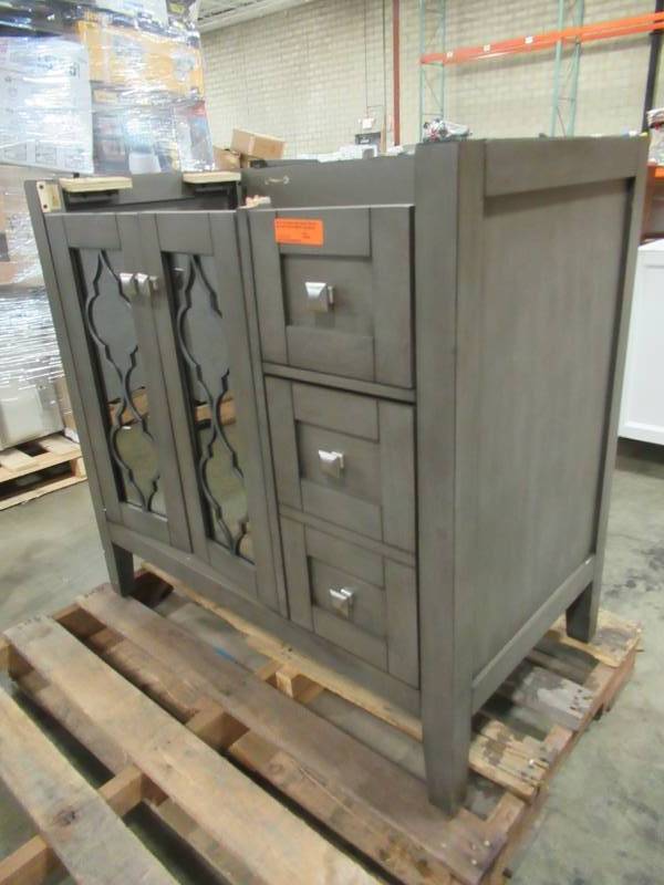 lot 250 image: allen  roth 36 in. Everdene Grey Single Sink Vanity Cabinet WSLW36LGV - Missing Front Cross Brace.