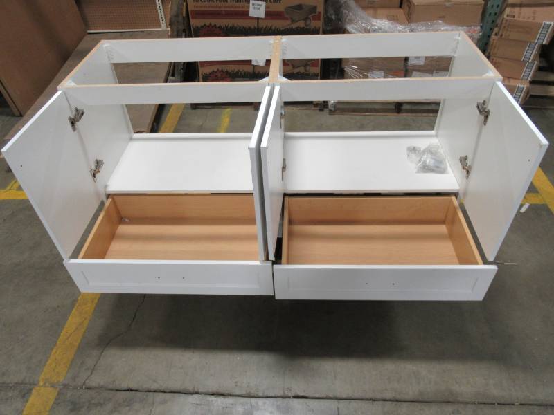 lot 264 image: Glacier Bay Lancaster Double Sink Vanity Cabinet in White LC60P2COM-WH, Measures 60 14 X 17 34 X 32 Tall.