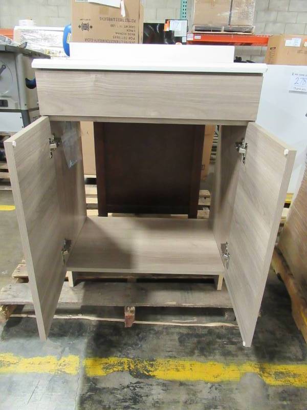 lot 280 image: Glacier Bay Sandlyn Bath Vanity in Forest Elm with Cultured Marble Vanity Top (small scratches and chip on RH corner) in White with White Basin S1924P3-FE