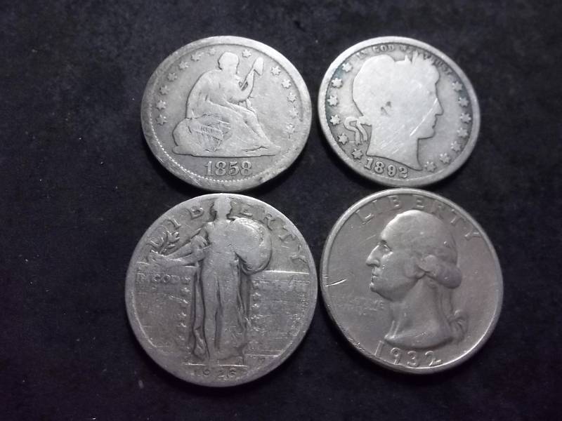 lot 128 image: 4 Generations Of US Quarters 1858 Seated, 1892 Barber, 1926 S Standing Liberty, 1932 Washington (1st Year & Most Rare)