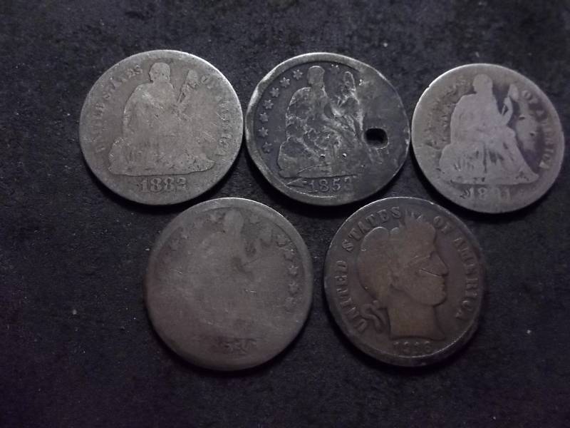 lot 129 image: 4-Seated Liberty Dimes & 1-Barber Dime 1853,1854, 1882, 1891, 1916