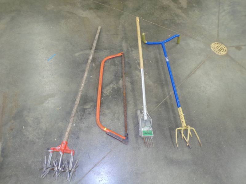 lot 84 image: Dandelion Picker, Bow Saw, Garden Claw and Hand Tiller