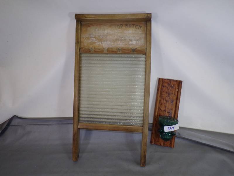 lot 124 image: Glass Washboard and Glass Insulator Candle Holder
