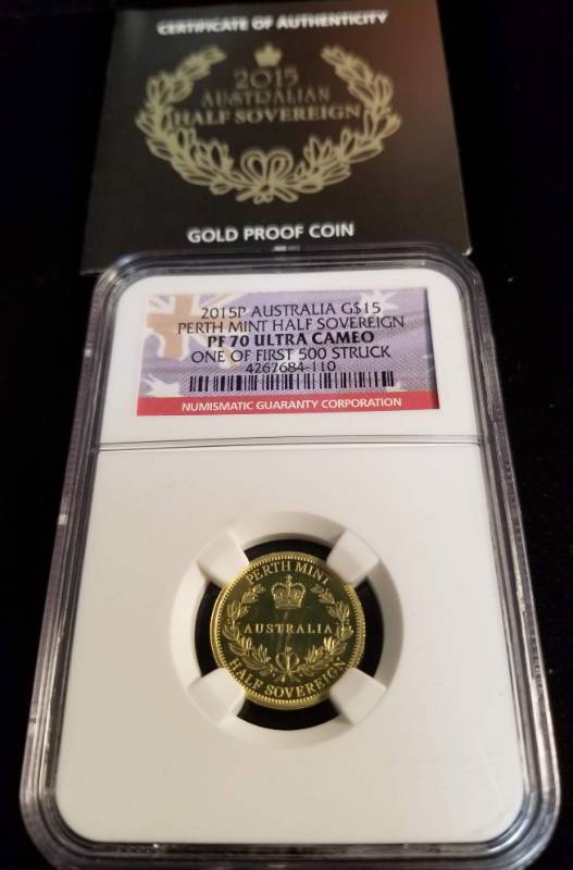 lot 05 image: 2015P AUSTRALIA $15 GOLD HALF SOVEREIGN PF70 ULTRA CAMEO NGC FIRST STRIKE