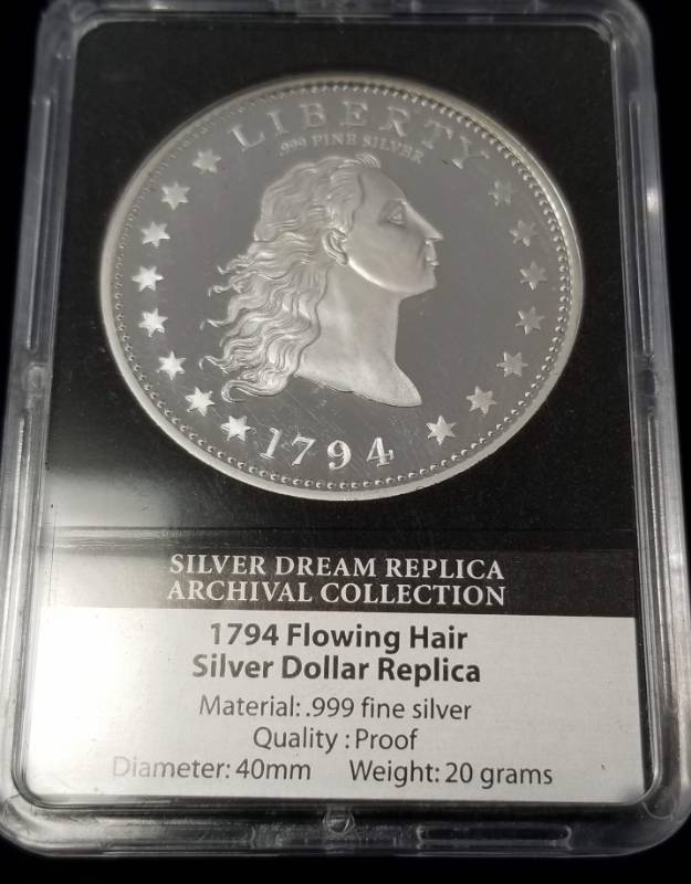 lot 33 image: 1794 FLOWING HAIR REPLICA SILVER DOLLAR .999 FINE SILVER