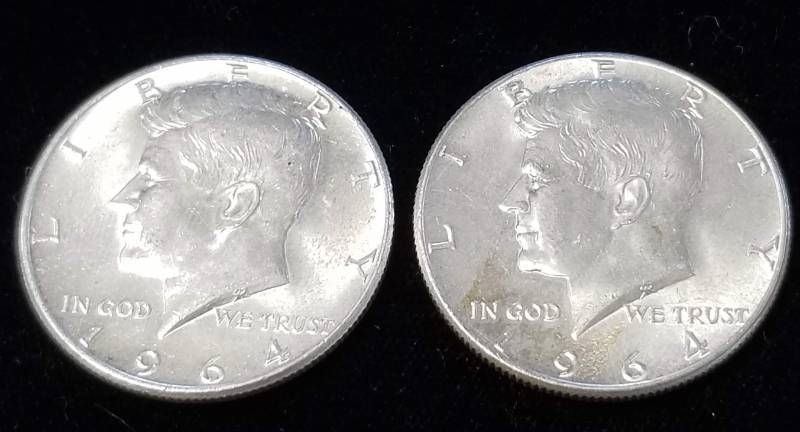 lot 53 image: 2 AU-UNC 1964 KENNEDY SILVER HALF DOLLARS