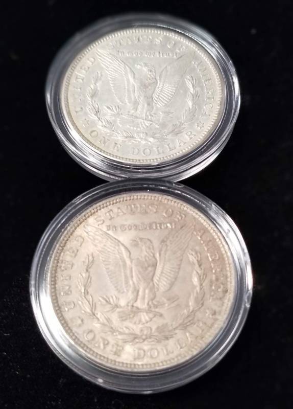 lot 63 image: 2 MORGAN SILVER DOLLARS 1921-P 1921-S IN AIRTITES