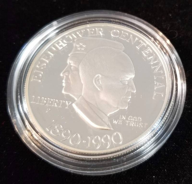 lot 10-A image: 1990-P EISENHOWER SILVER DOLLAR COMMEMORATIVE IN ORIGINAL GOVT PACKAGING
