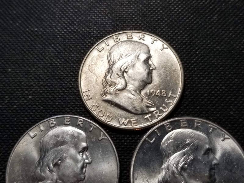 lot 26-A image: GROUP OF 3 AU-BU FRANKLIN HALF DOLLARS 1948-D 1960 1963-D