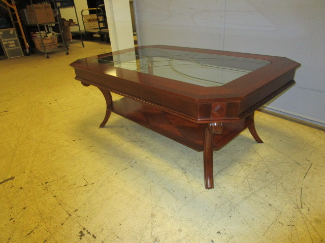 lot 610 image: SOLID WOOD COFFEE TABLE WITH BEVELED EDGE GLASS INSERT