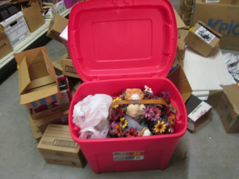 lot 250 image: 20 Gallon Tote with Hinged Lid Full...