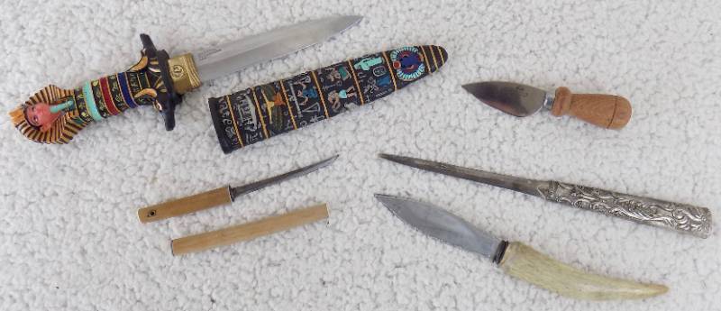 lot 12 image: Maxam Decorative Egyptian Knife, Godinger Silver 1991 Letter Opener and (3) Other letter Openers
