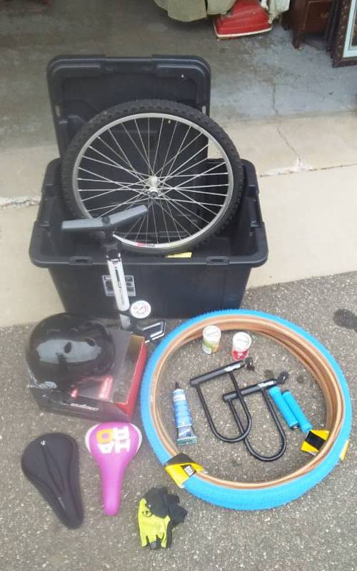 lot 85 image: Lot Of Mostly NEW Bike Parts, NEW Helmet, NEW Tires (Bmx GT26x2.2), Includes Nice 21 Gallon Tote With Lid