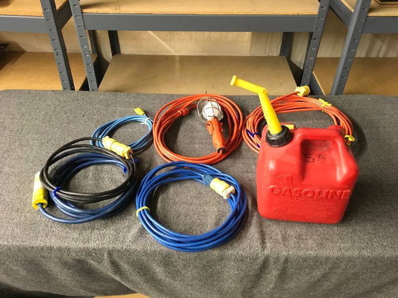 lot 219 image: Extension Cords, Work Light, 2 Gallon Gas Can