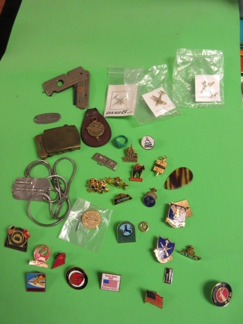 lot 326 image: WWII SERVICE BADGES, AIRLINE PINS, DOG TAGS, BRASS BUCKLE AND MORE
