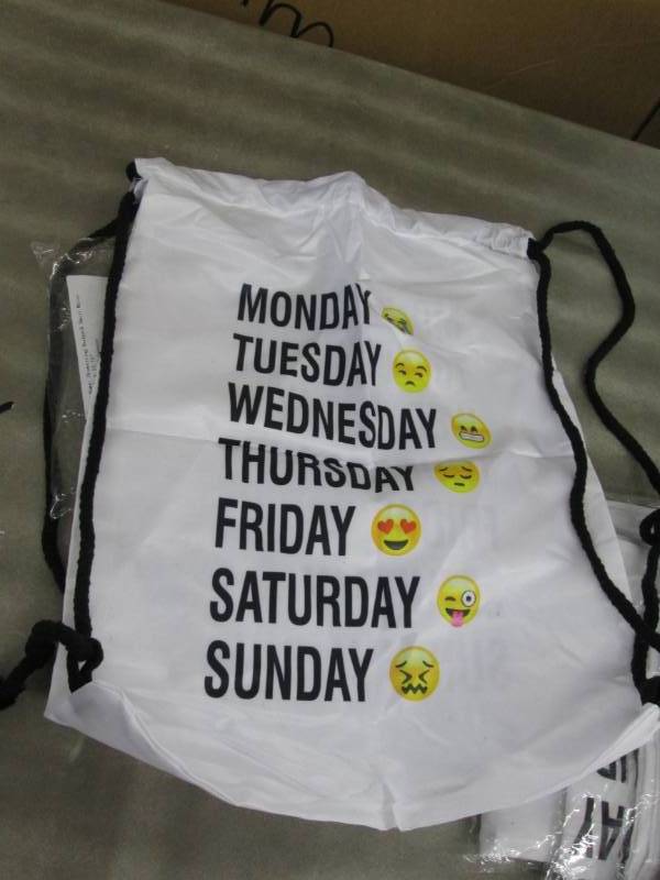 lot 112 image: 5 Emoji Day of Week Drawstring Back...