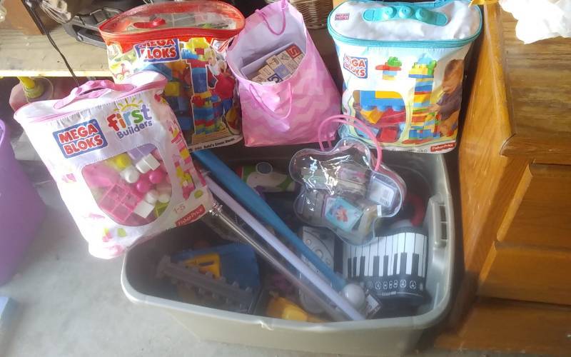 lot 19 image: Tub Of Toys, Trucks, Blocks, Books, Light Saber, AnimatedSound & Light Toys, NEW Retro Edition Sorry Game (Sealed)