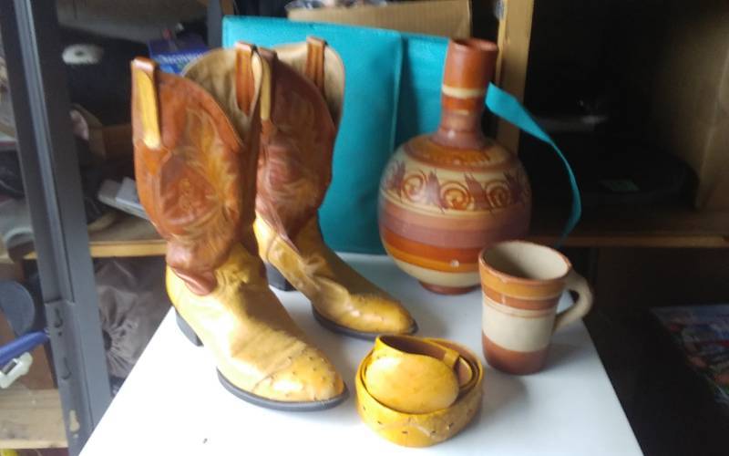 lot 36 image: Ostrich Cowboy Boots Size 10, Ostrich Belt Size 40, Southwestern Pottery
